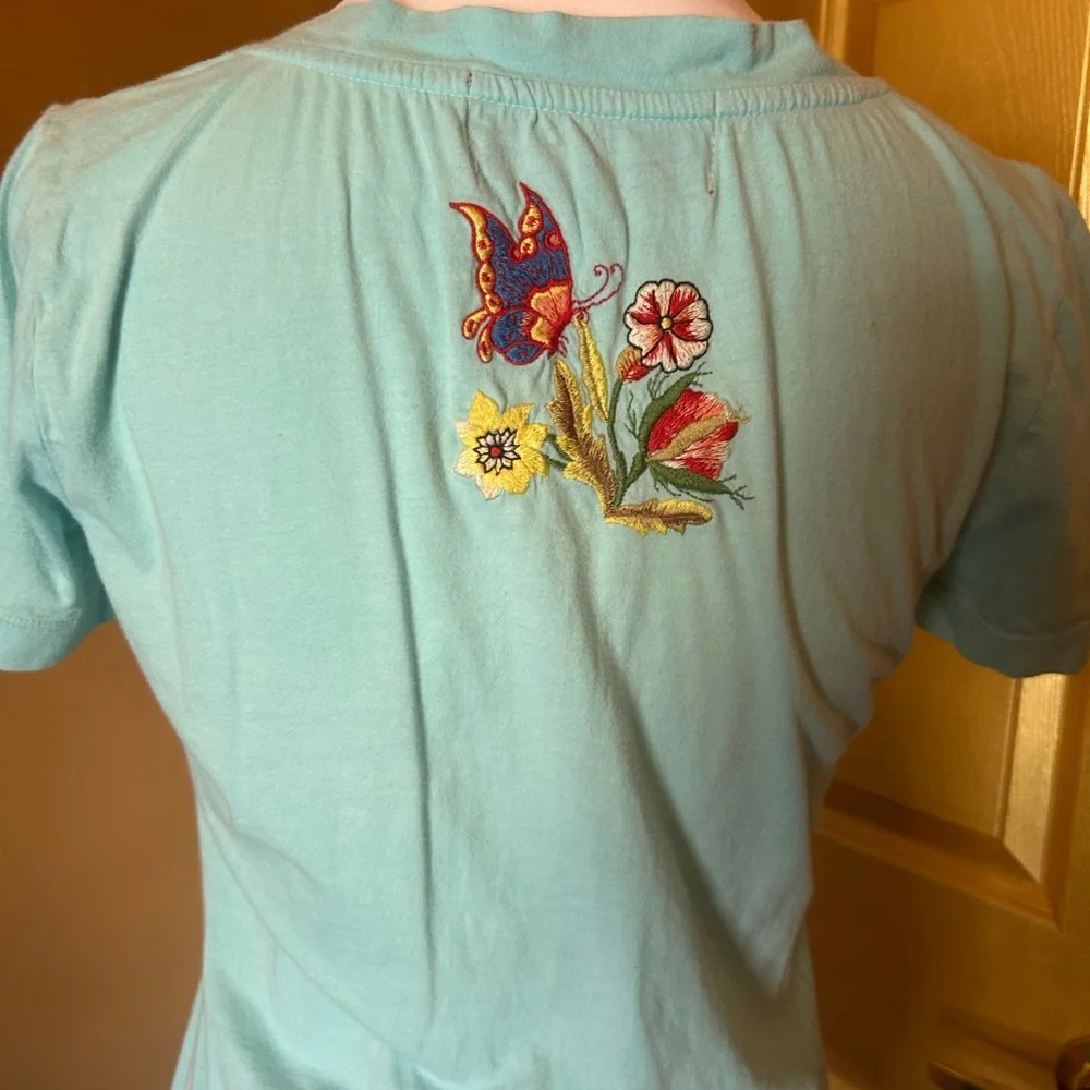 Johnny Was Embroidered Scoop Neck Short Sleeve Top - Aqua - Picture 4 of 8